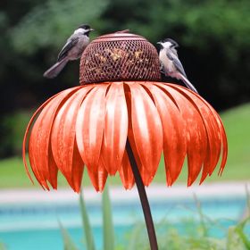 Bird Feeder Bottle with Stand Metal Flower Shaped Outdoor Garden Decoration Pink Coneflower Bird Feeder Container Accessories - Orange