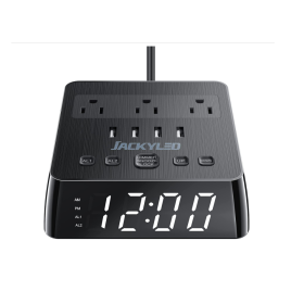 JACKYLED Alarm Clock 4 USB Power Strip 3 Outlets 6.5FT Long---MDL: ECS-US031 - Black