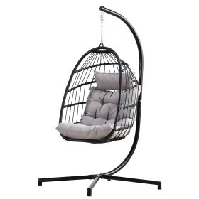 Indoor Outdoor Patio Hanging Egg Chair Wicker Swing Hammock Chair with Stand - Gray