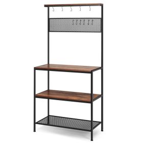 4-Tier Kitchen Rack Stand with Hooks and Mesh Panel - Black,brown