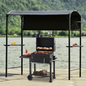 Outdoor 7Ft.Wx4.5Ft.L Iron Double Tiered Backyard Patio BBQ Grill Gazebo with Side Awning, Bar Counters and Hooks - Gray - Metal