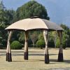 10ft W*12ft L Outdoor Double Vents Gazebo Patio Metal Canopy with Screen and LED Lights for Backyard, Poolside, Brown - Brown - Metal