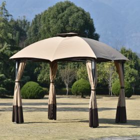 10ft W*12ft L Outdoor Double Vents Gazebo Patio Metal Canopy with Screen and LED Lights for Backyard, Poolside, Brown - Brown - Metal