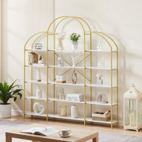 74.8 Inch 5 Tiers Office Bookcase Bookshelf, Display Shelf with Round Top, X Bar Gold Frame - as Pic