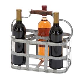 6 Bottle Farmhouse Metal Wine Holder with Wooden Handle, Gray - as Pic
