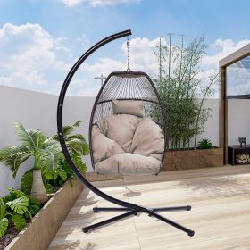 Outdoor Patio Wicker Folding Hanging Chair,Rattan Swing Hammock Egg Chair With C Type Bracket , With Cushion And Pillow - beige brown
