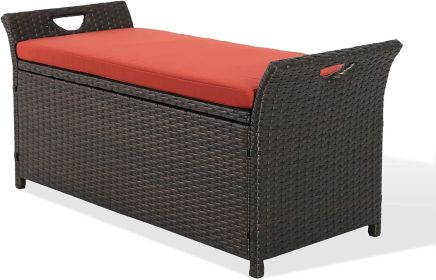 Patio Wicker Storage Bench Outdoor Rattan Deck Storage Box with Cushion  - Terracotta