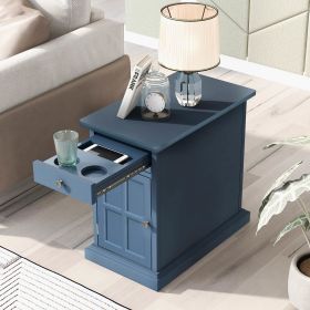 Classic Vintage Livingroom End Table Side Table with USB Ports and One Multifunctional Drawer with cup holders - Antique Navy