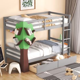 Twin-Over-Twin Bunk Bed with a Tree Decor and Two Storage Drawers - Gray