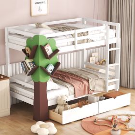 Twin-Over-Twin Bunk Bed with a Tree Decor and Two Storage Drawers - White