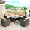 6-Piece Outdoor Wicker Sofa Set, Patio Rattan Dinning Set, Sectional Sofa with Thick Cushions and Pillows, Plywood Table Top, For Garden, Yard, Deck -