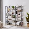 Triple Wide 5-shelf Bookshelves Industrial Retro Wooden Style Home and Office Large Open Bookshelves, Grey, 69.3"W x 11.8"D x 70.1"H - as Pic