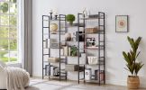 Triple Wide 5-shelf Bookshelves Industrial Retro Wooden Style Home and Office Large Open Bookshelves, Grey, 69.3"W x 11.8"D x 70.1"H - as Pic