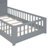 Twin Size House Bed with Window and Bedside Drawers, Platform Bed with Shelves and a set of Sockets and USB Port - Gray