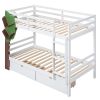 Twin-Over-Twin Bunk Bed with a Tree Decor and Two Storage Drawers - White