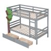 Twin-Over-Twin Bunk Bed with a Tree Decor and Two Storage Drawers - Gray