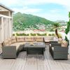 6-Piece Outdoor Wicker Sofa Set, Patio Rattan Dinning Set, Sectional Sofa with Thick Cushions and Pillows, Plywood Table Top, For Garden, Yard, Deck -