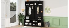 Modern Hallway Hall Tree with Metal Hooks and Storage Space, Multi-Functional Entryway Coat Rack with Shoe Cubbies - Black