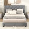 Queen Size Storage Bed Linen Upholstered Platform Bed with Two Drawers - Gray - as Pic