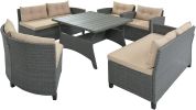 6-Piece Outdoor Wicker Sofa Set, Patio Rattan Dinning Set, Sectional Sofa with Thick Cushions and Pillows, Plywood Table Top, For Garden, Yard, Deck -