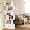 6-Tier S-Shaped Freestanding Bookshelf with Cabinet and Doors - White