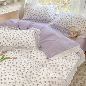 Washed Cotton Small Floral Quilt Cover, Four Piece Bed Sheet Set (Option: Little Beautiful Purple-2m flat sheet 4pcs set)