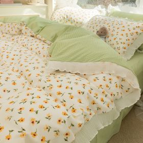 Washed Cotton Small Floral Quilt Cover, Four Piece Bed Sheet Set (Option: Xiaomei Is So Green-1.2m flat sheet 3pcs set)