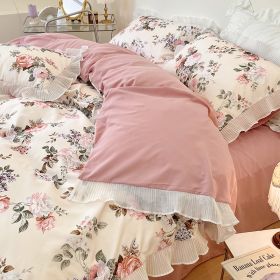 Washed Cotton Small Floral Quilt Cover, Four Piece Bed Sheet Set (Option: Datura Flower-1.8m fitted sheet 4pcs set)