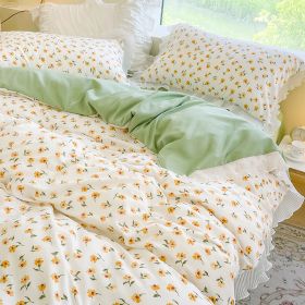 Washed Cotton Small Floral Quilt Cover, Four Piece Bed Sheet Set (Option: Shallow Summer-1.2m flat sheet 3pcs set)