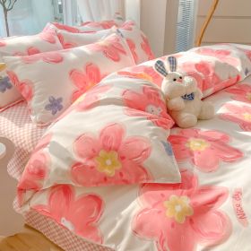 Four-piece Set Sanding Skin Bed Sheet Quilt Cover (Option: Blooming Life Pink-150cm Bed Four Sets)